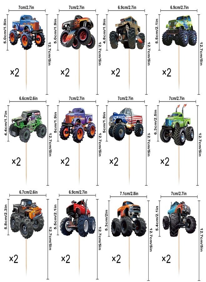 Pretyps 24 PCS Monster Truck Cupcake Toppers Truck Car Theme Birthday Party Decorations Racing Car Theme Birthday Decoration for Boys Girls Baby Shower Kids Cake Decorations Party Supplies - Image 4